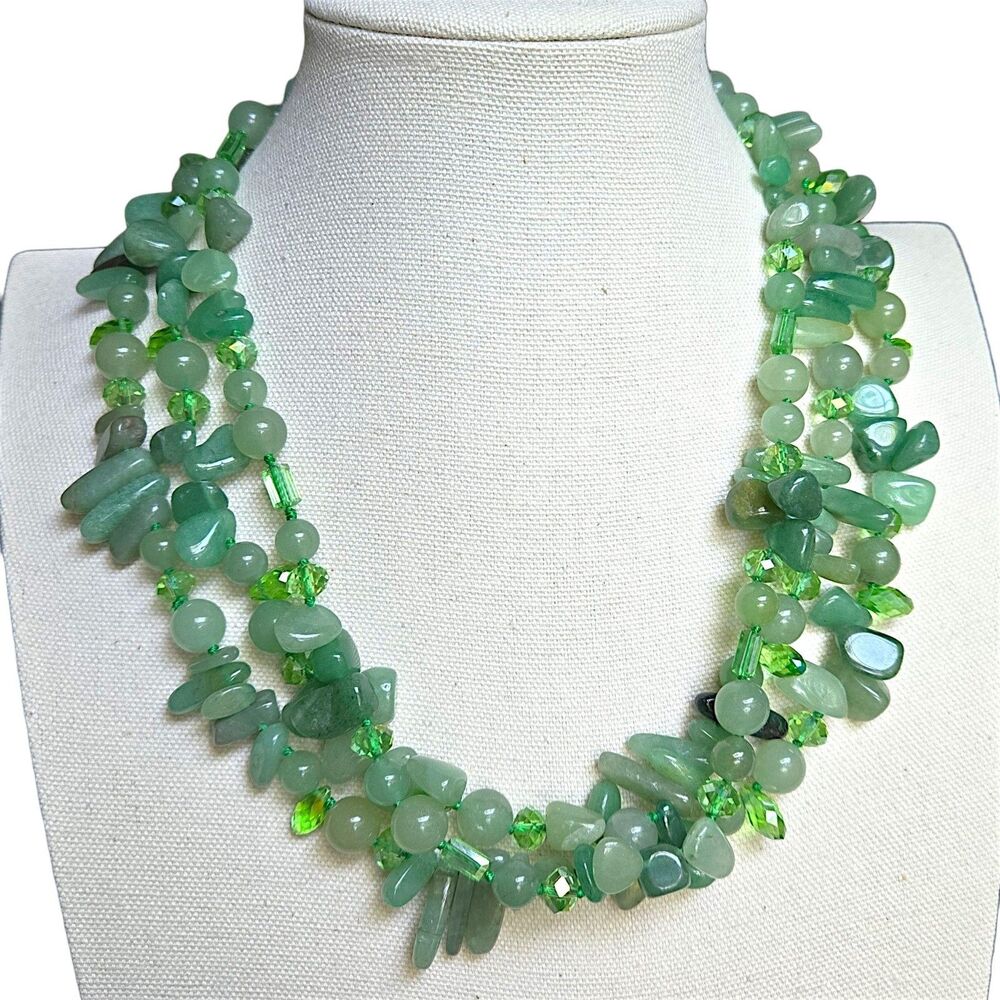 Green Aventurine Crystal Bead Statement Necklace Triple Strand Hand Knotted 21"